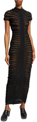 Atyfuniby Womens Sweater Bodycon Dresses Short Sleeve Crochet Knit Tube Sheer Stripe Mock Neck Midi Dress Black XL