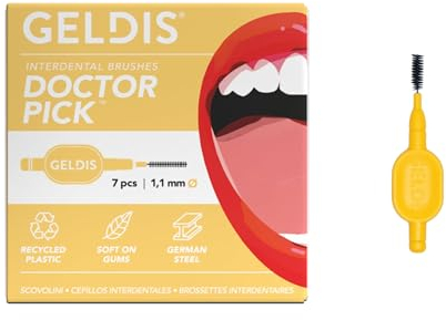 GELDIS Scovolini Dentali Doctor Pick - Scovolino Interdentale per Pulizia Denti, Scovolino Denti per Igiene Dentale, Rimuovi Tartaro Denti, 7 pezzi - Con Cappuccio (Giallo, 1,1mm)