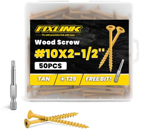 Wood Screws 2-1/2 Inch, FIXLINK Deck Screws #10 x 2-1/2, 50pcs Epoxy Coated, T25 Star Bit Above 1500 Hour Salt Spray Coating Outdoor Decking Screws Excellent Rust Resistant for Outdoor Wood Fence
