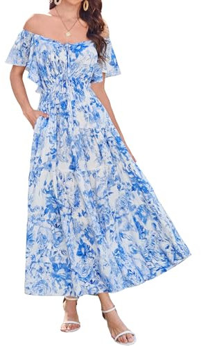 GRACE KARIN Women Summer Casual Floral Dress A-Linie Sundress Ruffle Sleeve V Neck Beach Dress Blue White Flower XL