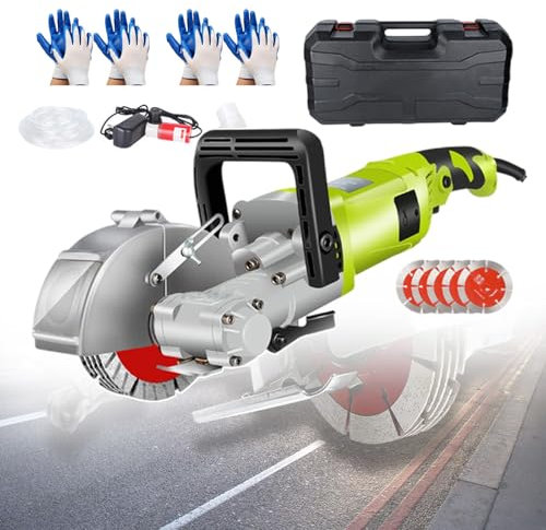 forplubossmmp Electric Wall Chaser 4000W Groove Cutting Machine, Electric Slit Grooving Machine w/Adjustable Depth & Width, Includes 5 Saw Blades, 4 Gloves, Water Pump, Water Pipe, Toolbox,green