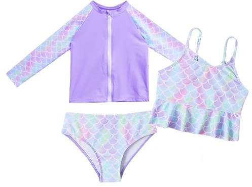 Happy Cherry - Conjunto de Tankini 3 Piezas Niña Traje de Baño Verano Niñas Infantil para Playa Surf Bañador de Natación con Camisa de Mangas Largas Bikini Braguitas - 5-6 Años - Morado
