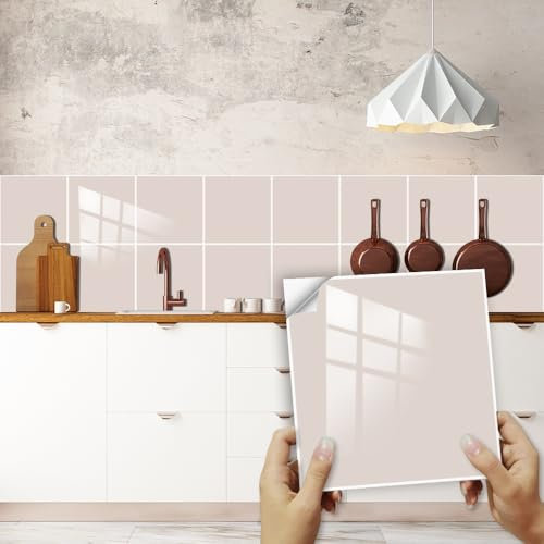 Hixingo Azulejos Adhesivos Cocina 20 Piezas Color Sólido Autoadhesivos Baldosas Adhesivas Pared Cocina PVC Impermeable Azulejos Baño (Arena,15x15cm)