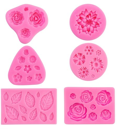 6 Pezzi Rosa Stampi in silicone 3D a forma Fiori e Foglie, Mini Fiore Stampi,Stampo Forno Fiore Stampi,Stampo DIY Strumenti Forno,per Decorare Candele,Cioccolato