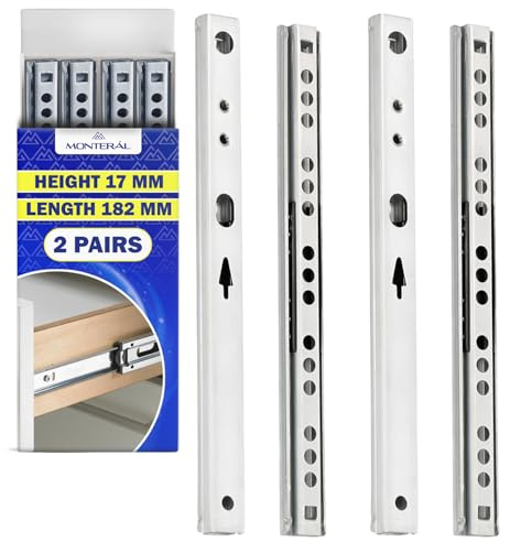 2 Pares Guias Correderas para Cajones con Rodamiento de Bolas 182x17 mm | Rieles para Cajones Telescópicas Tienen una Extensión Parcial de 125 mm - Garantía de 10 Años - MONTERAL