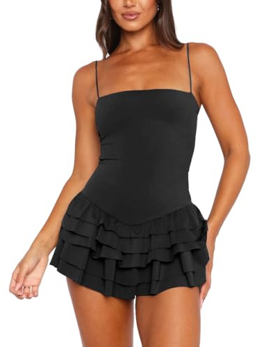AOWVUTS Vestido Sexy Mujer sin Mangas Mini Vestidos Ajustado Vestido Corto de Tirantes A-línea Verano Bodycon Vestidos Elegante Dobladillo con Volantes para Fiesta Club Cóctel Noche