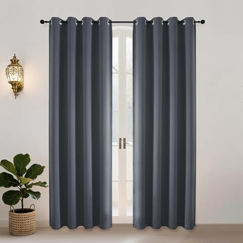 Simplebrand Ava Grey Blackout Eyelet Curtains 2 Panels W140 x L183 cm | Thermal blackout eyelet curtains for light blocking, privacy and insulation in bedroom, living room and dining room