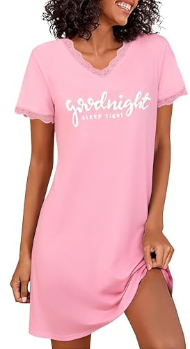 Demegimi Camisones Mujer Algodón Camisón Sexy Mujer de Encaje Verano Largos Pijama de Mujer de Manga Corta Ligero y Suave para Casa