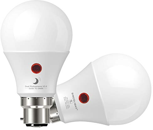 SINCELIGHT LED Glühbirne 9W mit Dualem Dämmerungssensor für Außenlampe, Automatisches Ein- und, Sicherheits-Nachtbirnen von der Dämmerung bis zum Morgengrauen, Tageslichtsensor, B22, 3000K, 2 Stück