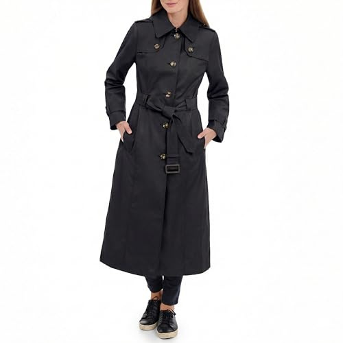 London Fog Women's Single Breasted Long Trench Coat with Epaulettes and Belt, Black, L