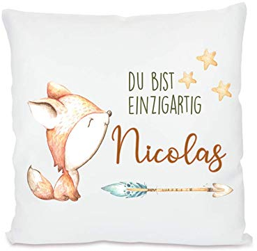Manufaktur Liebevoll I Kinderkissen mit Namen Kissen Baby Geschenk personalisiert Geburt Namenskissen Geburtstag Mädchen Jungen Fuchs Du bist einzigartig 40x40 cm Bezug mit Füllung