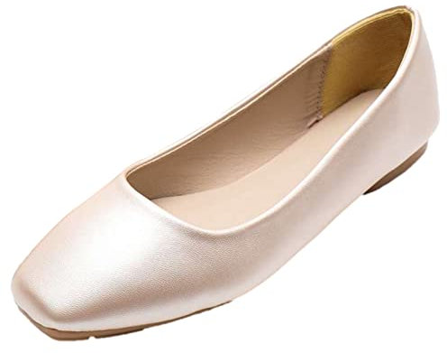 ANUFER Women's Ballet Flats Square Toe Microfiber Leather Slip-on Dress Pumps Shoes Pink Matte SN0707127 UK4