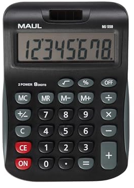 Maul Miniräknare Mj550, Stor, Vinklad Skärm, 8 Siffror, 15,5 x 11 cm, Allroundfunktioner För Kontor, Hem, Skola, Solcell/Batteri, Svart