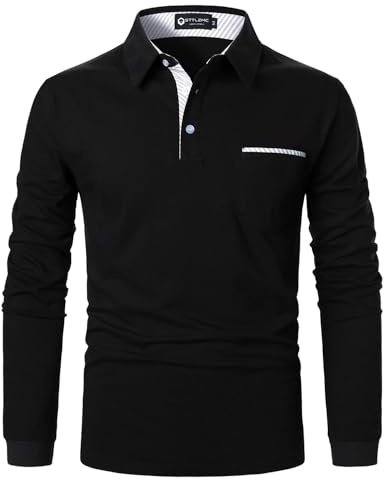 STTLZMC Casual Chemises de Polo pour Hommes à Manches Longues Slim Fit Chemises de Golf rayées avec col Fall Tops 60 Noir M