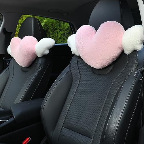 Confezione da 2 simpatici cuscini per poggiatesta auto a forma di cuore con ali d'angelo, comodi e morbidi, accessori per auto, per guida, viaggi, ufficio, decorazione per la casa, colore rosa