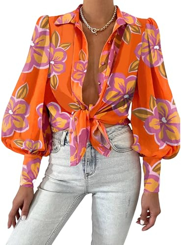 BTFBM Women Fashion Button Down Shirts 2026 V Neck Boho Printed Long Sleeve Blouses Dressy Casual Spring Fall Tops(Floral Orange Purple, Large)