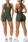 Vertvie Jumpsuit Damen kurz Scrunch Butt Bodysuit Ärmellose mit Reißverschluss Padded Eng Onesie Rückenfrei Sexy Stretch Ganzkörperanzug Einteiler Romper Workout Yoga Sport Sommer(Olivgrün,M)