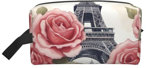 BREAUX Borsa cosmetica stampata con fiore rosa Torre Eiffel, borsa cosmetica da viaggio per accessori da viaggio da donna, Torre Eiffel Rose Flower, Taglia unica