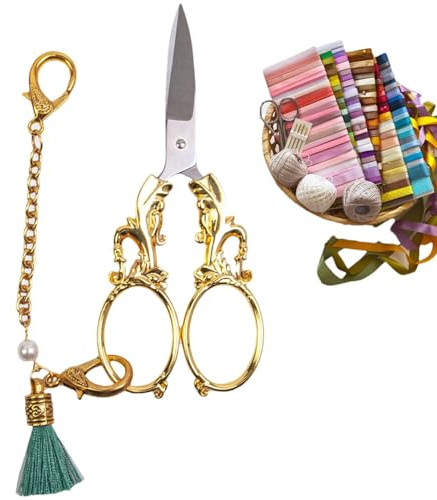 Forbici fantasiose – forbici da cucito decorative, taglio affilato, elegante catena di forbici per bricolage, forbici da cucito, strumenti, motivo a per ricamo, artigianato, oro, 13 x 5 cm