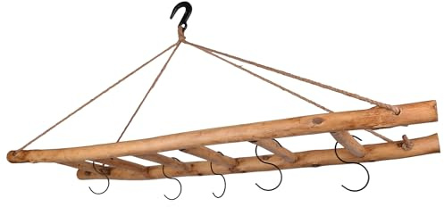 UNUS Escalera de madera de fresno para colgar, 150 cm, incluye 5 ganchos y ganchos de hierro fundido, escalera de madera rústica para decoración