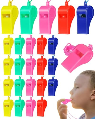 MYGLOAR Fischietti, Confezione da 24 fischietti Sportivi, fischietti da Arbitro, Tracolla, fischietti in plastica con Cordino, fischietti da Calcio in plastica a 5 Colori per Bambini, Arbitro