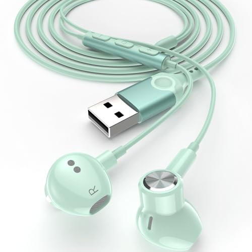 USB Earphone for PC, ACAGET USB Headphones Headset with Microphone, Anti-slip Earbud Cover with Earhook, 7.5 Ft, Wired In-ear Computer Earphones for Dell Laptop for hp for Work Women Girls, Mint Green