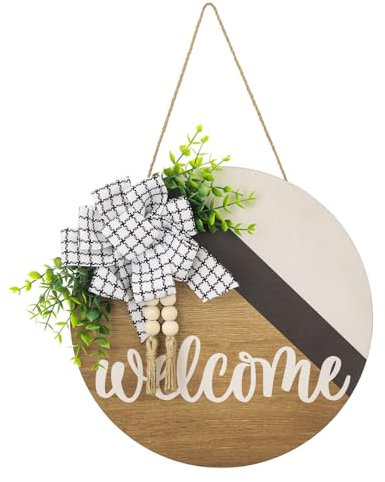 LIbgiubhy Cartello in legno da appendere con scritta Welcome Sign For Farmhouse Portico Wall Black White Bowknot Home Handmade Wreath
