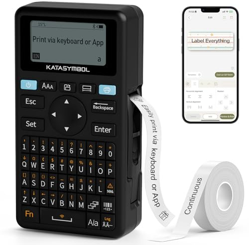 SUPVAN E11 Bluetooth Label Maker Machine with Tape, Support Keyboard & App with 30+ Fonts and 660+ Icons, Rechargeable Inkless Labeler for Home, Kitchen, Office, School, Organization, Black