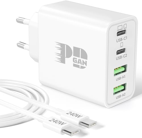 65W USB C Ladegerät, 4-Port GaN Netzteil PD/PPS USBC Schnellladegerät Fast Charger + 240W 2M Typ C Schnellladekabel für MacBook Pro Air Neo, iPad, iPhone 17e 17 16 15, Samsung S26 S25, Laptop Handys
