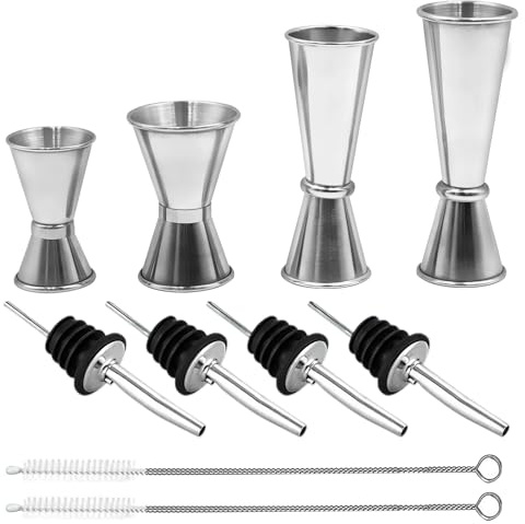 Medidor Cocktail, Jigger Cocktail Vaso Medidor Cocktail 30 ml/40 ml/50 ml/60 ml Jigger Cocteleria Double Cara Acero Inoxidable con 4 Licor Pourer y 2 Cepillo de Cócteles Jigger para Bar Fiesta (B)