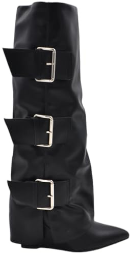 Stivali Donna Nero a Punta al Ginocchio con para Risvolto Modello Shark Zeppa 8 cm e con Fibbie Argento Moda (37 EU)