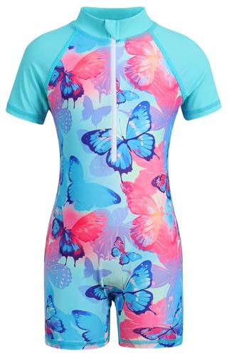 AmzBarley Swimming Costume Girls Swimsuit Kids One-Piece Swimwear Child Short Sleeve Rash Guard Summer Beach Outing Swimsuits Butterfly Age 11-12 Years Size 150