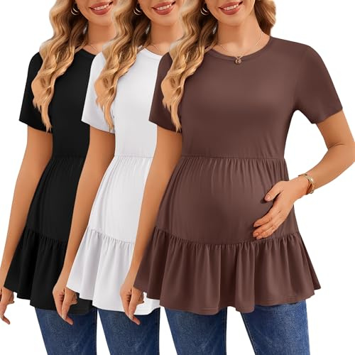Ekouaer 3 Pack Women's Maternity Shirts Short Sleeve Ruffle Pregnancy Clothes Blouse Peplum Babydoll Tops Casual Mama Tee Black/Brown/White Large