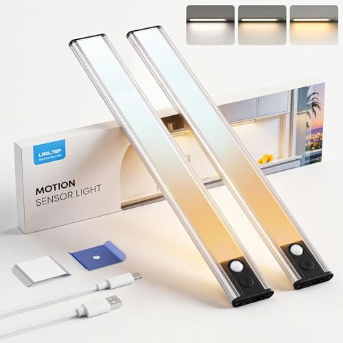 LROLTEF Luce LED Sottopensile Cucina 20CM 1100mAh 3 Temperature Colore Ricaricabile USB luce armadio LED Con Sensore di Movimento per Luci Lampada Dimmerabile per Cucina Scale Soggiorno 2P Nero
