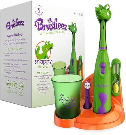 Brusheez Kids’ Electric Toothbrush Set - Safe & Effective for Ages 3+ - Parent Tested & Approved with Gentle Bristles, 2 Brush Heads, Rinse Cup, 2-Minute Timer, & Storage Base (Snappy the Croc)