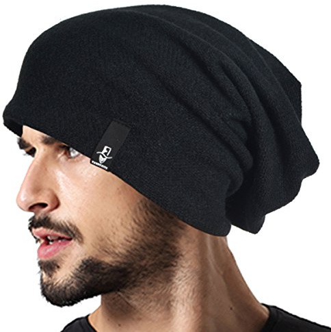 VECRY Mens Slouchy Beanie Knit Skull Cap Long Baggy Hip-hop Winter Summer Hat B305 (B305-Black)