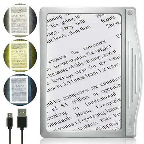 MagniPros 5X [Rechargeable] Large Ultra Bright LED Page Magnifier with Anti-Glare Lens & 3 Stepless Color Light Modes to Relieve Eye Strain-Ideal for Reading Small Prints, Low Vision and Seniors