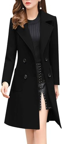 chouyatou Women Elegant Notched Collar Double Breasted Wool Blend Over Coat (X-Small, Black)