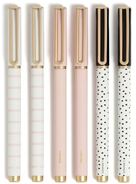 U Brands Catalina Felt Tip Pens, Set of 6 Black Ink Pens, Dots and Stripes, Medium (0.7 mm) Point