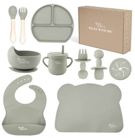 Yum Yum's Baby 10 Pcs Grey Weaning Set - Complete Toddler Feeding Kit w/Sectioned Plate, Suction Bowls, Cutlery with Mouth Guard, Straw Cup, Bib & Mat - Non-Slip - for Toddlers & Baby Gift