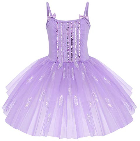 Robe Ballet Fille Tutu Danse Classique sans Manches Bretelles Spaghetti avec N�UD Papillon Tulle Paillettes Plume Justaucorps Gymnastique Costume Ballerine Princesse Une Pi�ce Violet 9-10 Ans