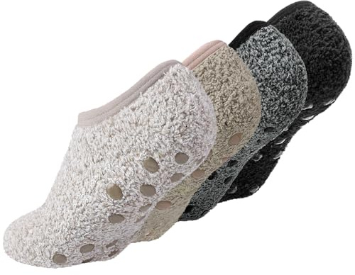 angelikashalala 4 Pairs of Stopper Socks for Men and Women, Slipper Socks, Warming Socks, Winter Socks, Non-Slip Socks, Fluffy Socks, Socks with Nubs, Black Grey Dark Coffee, One Size