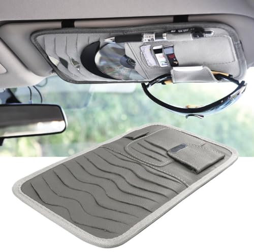 Car Visor CD Case Holder, Universal Sun Visor Organizer Pocket Storage Pouch with 8 DVD Storage Sleeves, 3 Card Holders, Sunglass Holder and Pen Holder(Grey)