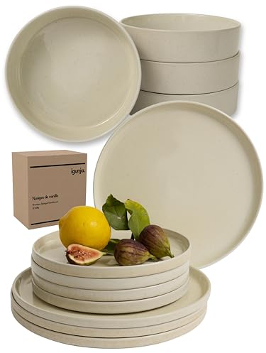 igunja Steingut Geschirr Set Beige Schüssel- u. Teller Set [12 teilig für 4 Personen] Premium Qualität 100% Handfertigung Tafelservice reaktive Glasur beiges Geschirrset außen matt innen glossy