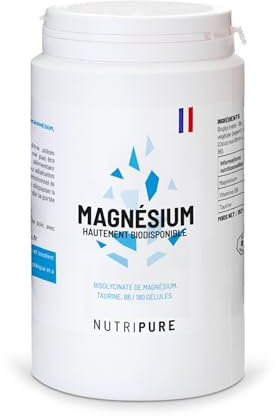 Magnesio bisglicinato + Taurina & Vitamina B6 | Integratori ad alto assorbimento | Contro la fatica, per la concentrazione | Vegan | 180 capsule | Trattamento di un 3 mesi | Made in France | Nutripure