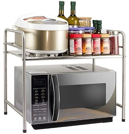 Estante de acero inoxidable para horno microondas, estante de almacenamiento para encimera de cocina con estantes para horno microondas, color plateado.