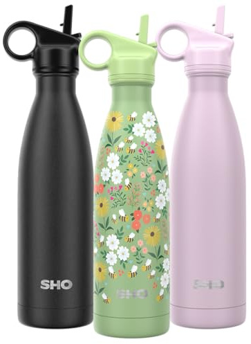 SHO Stainless Steel Water Bottle with Straw and Screw Lid - Leakproof, BPA Free, Vacuum Insulated Double Wall Metal Flask 500ml Original 2.0 12 Hours Hot 24 Cold (500ml, Ditsy Bees)