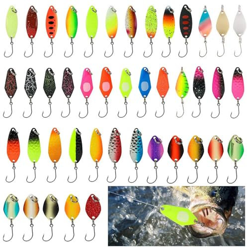 WANDGU Set completo per trote: 43 pezzi per trote, spoon, trota, 2,3 g/2,8 g/3,3 g/5 g, accessori per la pesca con contenitore per pesce persico, lucioperca, luccio, regalo perfetto per pescatori