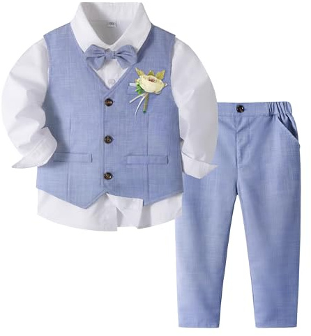 Volunboy Ensemble Costume Bébé Garçon, Cérémonie Formel Mariage 4 Pièces Gilet Chemise Pantalon avec Noeud Papillon (18-24 Mois, Bleu Clair, Taille 90)