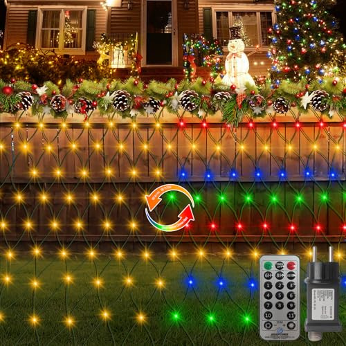 echosari Weihnachten Lichternetz Außen 3m x 2m, Warmweiß & Bunt Lichterkette Netz Grünes Kabel 200 LED Lichterkette Außen mit Timer Wasserdicht Weihnachtsbeleuchtung für Büsche Garten Zimmer